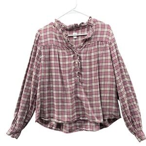 Gap Long Sleeve Ruffle Popover Top Womens M Dusty Pink Plaid Lightweight Flannel